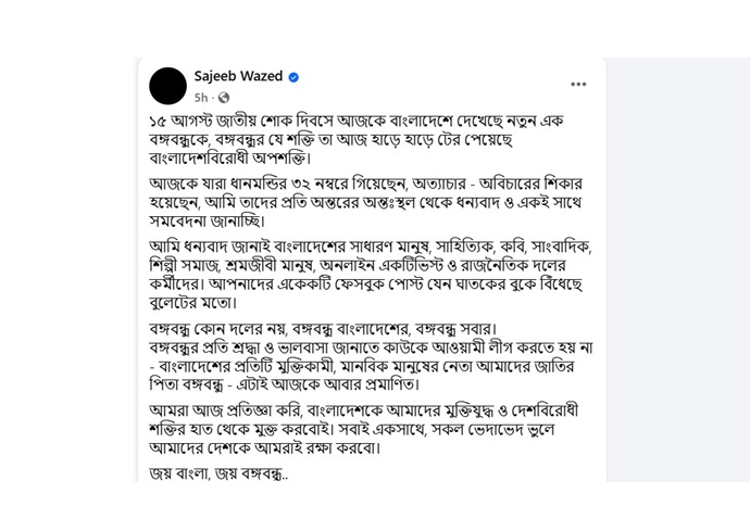 বঙ্গবন্ধুর যে শক্তি তা আজ হাড়ে হাড়ে টের পেয়েছে :সজীব ওয়াজেদ জয়