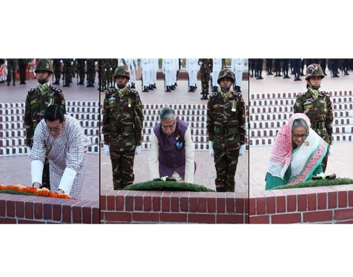 মুক্তিযুদ্ধের বীর শহীদদের প্রতি শ্রদ্ধা জানালেন রাষ্ট্রপতি, প্রধানমন্ত্রী ও ভুটানের রাজা